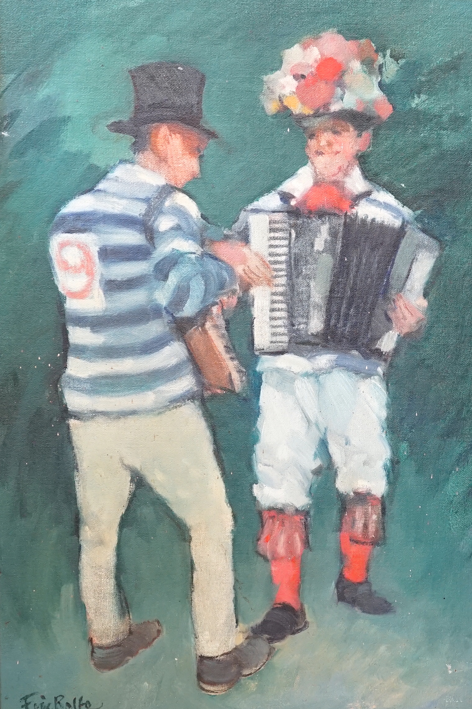 Eric Rolfe (20th C.), oil on board, 'Morris men', signed, 52 x 35cm